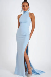 Himmelblaues Neckholder Satin Meerjungfrauen Ballkleid mit Schlitz